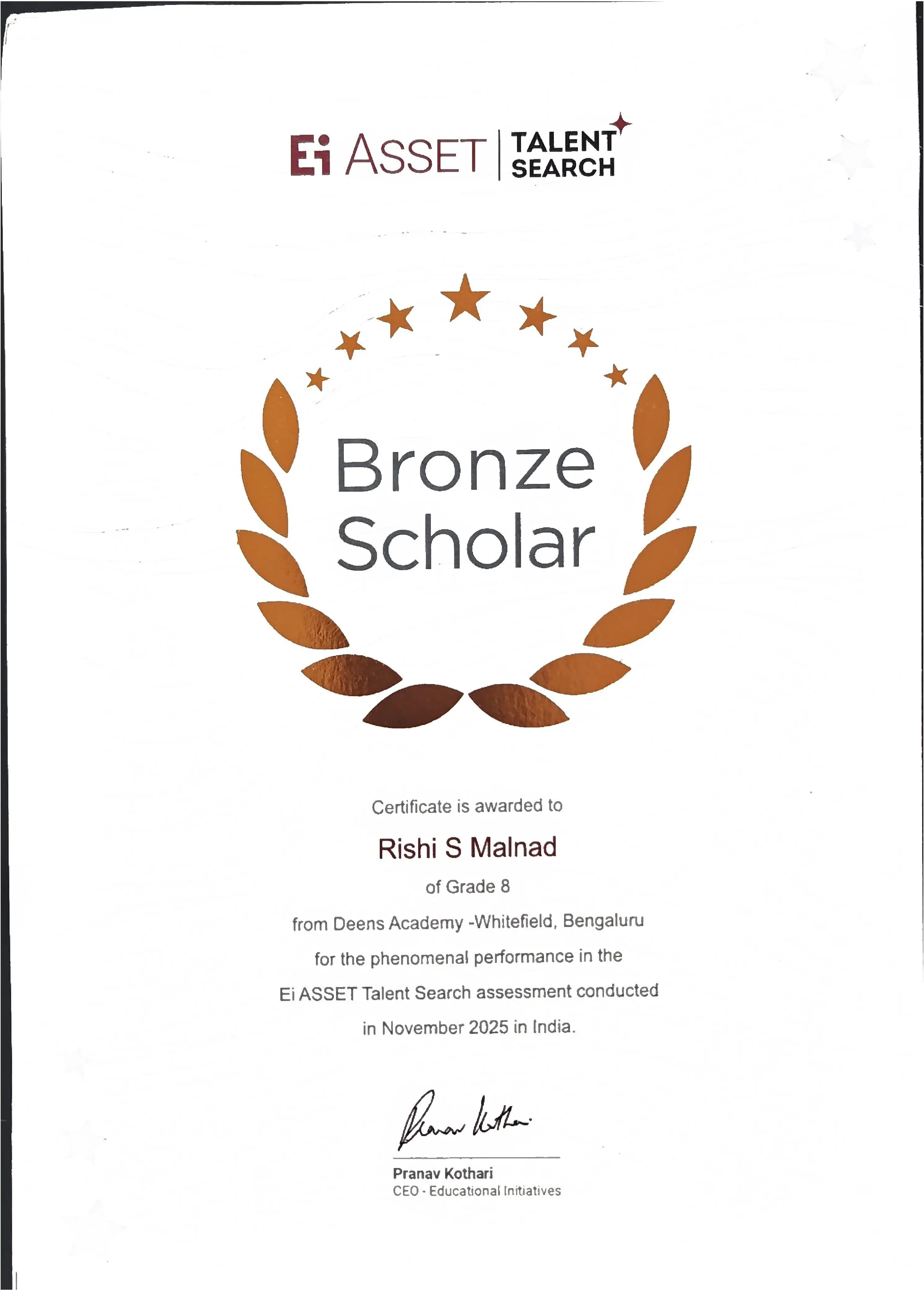 ASSET Talent Search - Bronze Scholar - Grade 8 (2025/26)