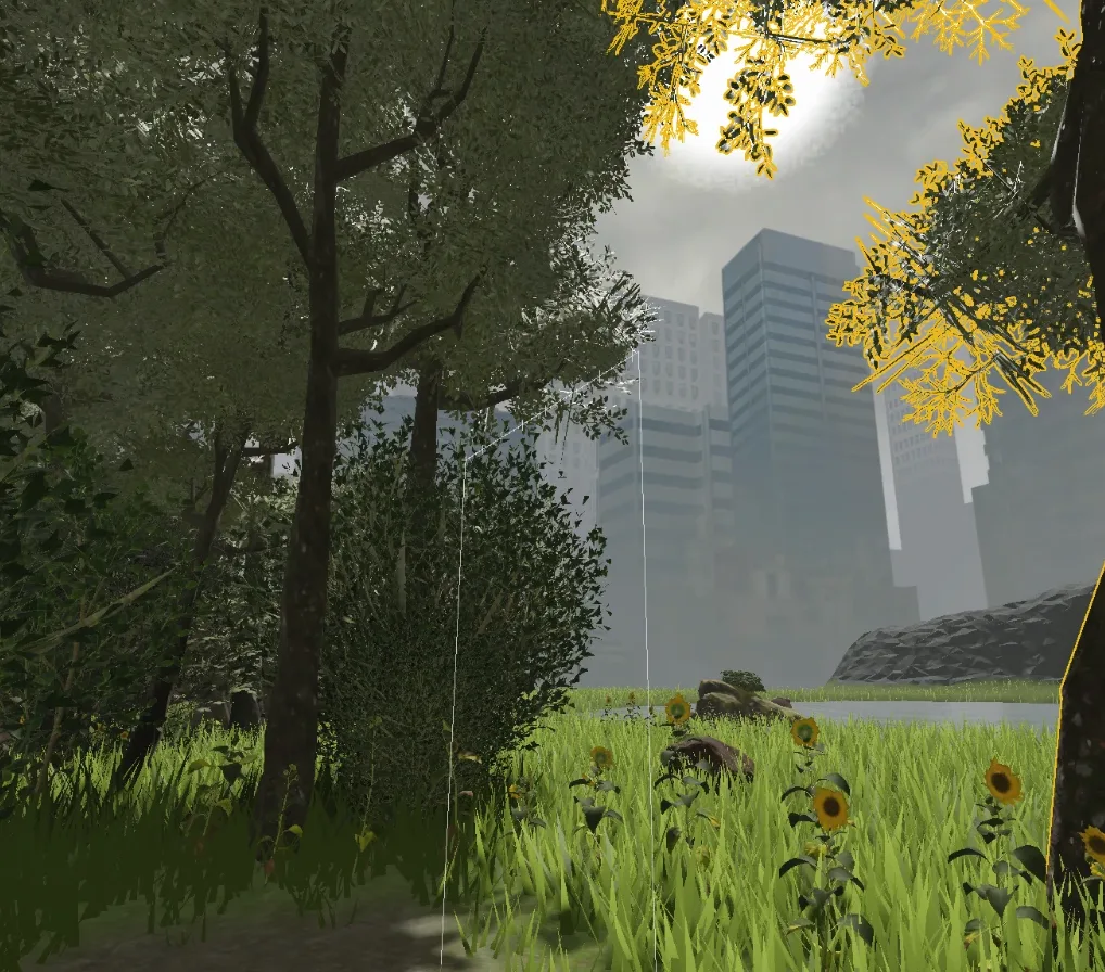 The forest edge in Roblox Studio: tall trees, grass and sunflowers, a lake, and the city skyline in fog past the trees